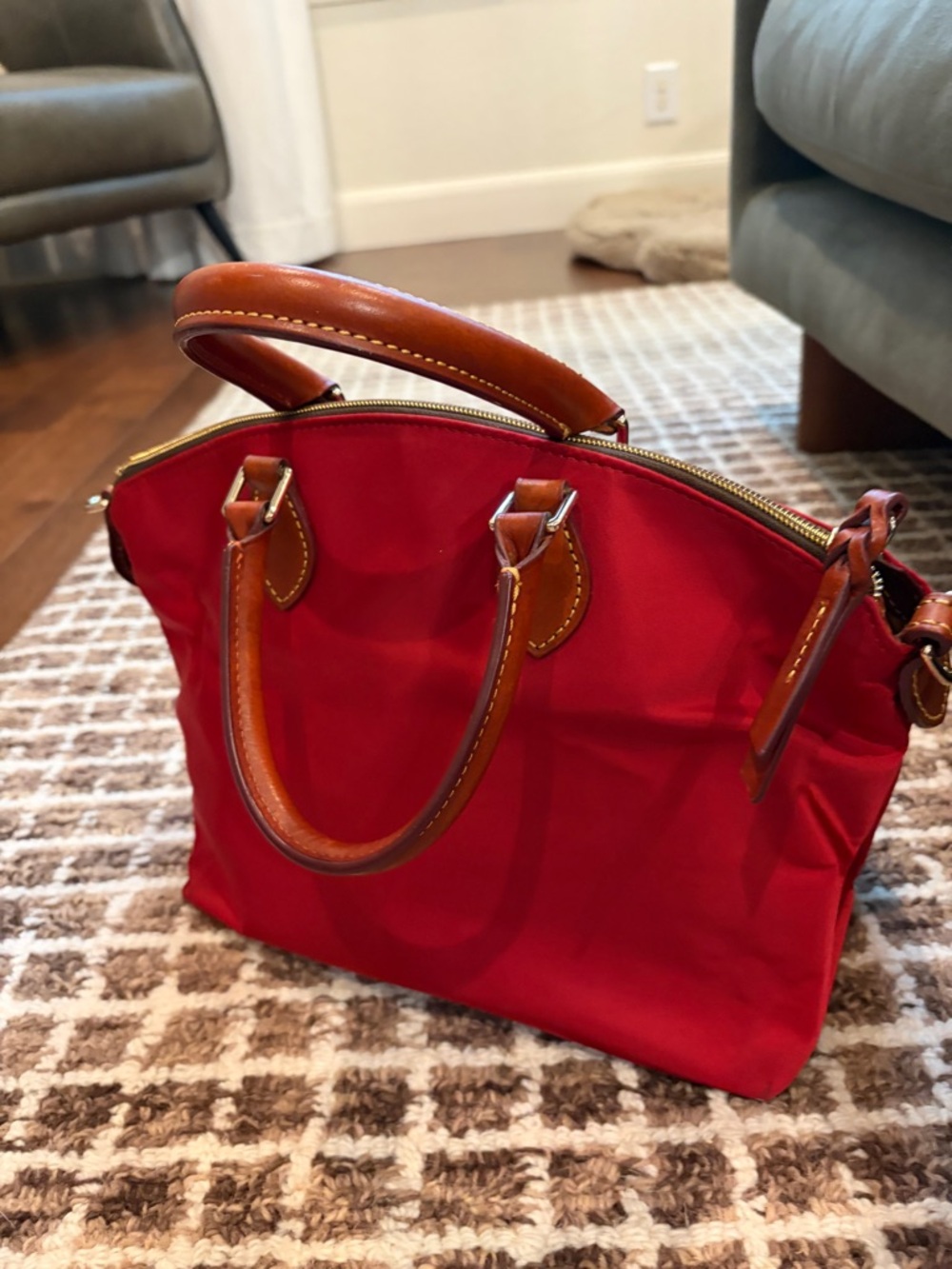 Dooney & Bourke Red Nylon Tote with Brown Leather Trim - Picture 2 of 8
